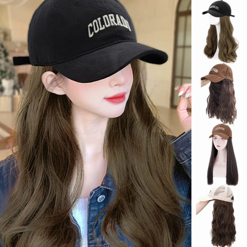 Long Wavy Synthetic Wig Baseball Rice Black Cap With Hair Extensions Hat Wigs Natural Black Connect Wig Adjustable For Women