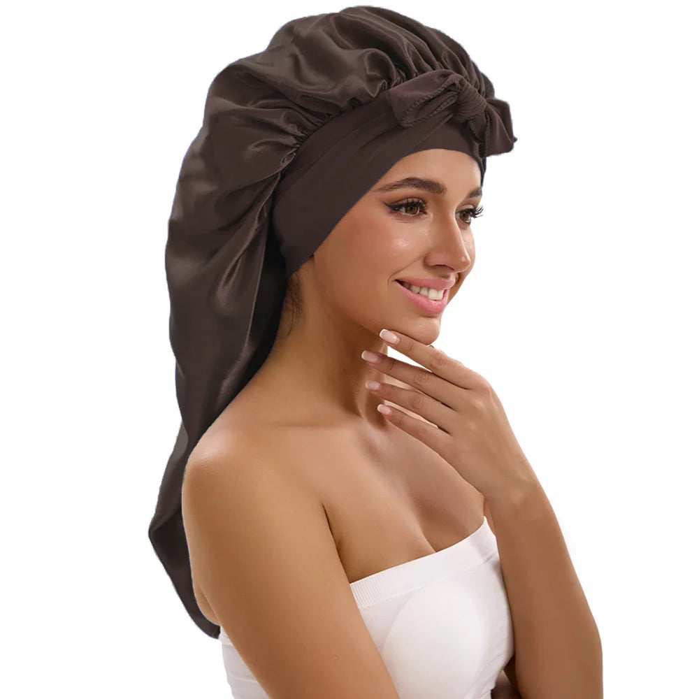 1/2/3pcs Satin Sleep Caps with Ribbon Tie - Black & Pink, Polyester Night Hats for Long Hair, Casual and Stylish Design