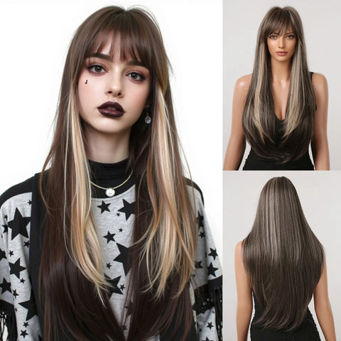 Black Highlight Pink Synthetic Wig with Bangs Long Straight Black Highlight Red Wig For Women Cosplay Party Christmas Wig 26inch