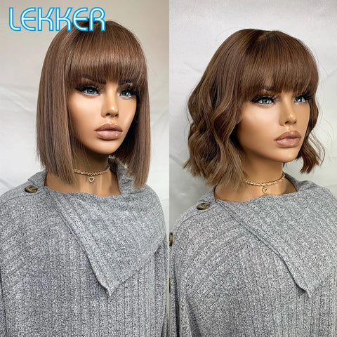 Lekker Ombre Brown Short Straight Bob 100% Human Hair Wig With Bangs For Women Brazilian Remy Hair Colored Full Machine Made Wig