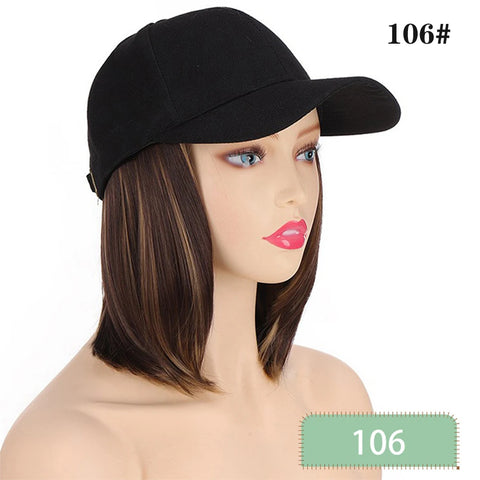 Black Baseball Cap with Hair Extensions Synthetic Straight Short Bob Hairstyle Adjustable Hat Wig for Women Girl Ash Blonde