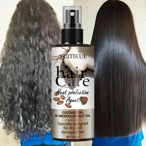 YUITIKUE Leave-In Heat Protectant Spray w/ Coconut & Moroccan Oil - Moisturize & Smooth Dry Damaged Hair, Easy Press Nozzle