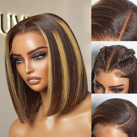 PartingMax Glueless Wig Honey Blonde Highlight Silky Blunt Cut 7x6 Closure HD Lace Bob Hair Wig