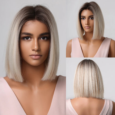 GEMMA Dark Brown BoBo Synthetic Wig with Bangs Shoulder Length Straight Wig for Women Cosplay Daily Hair Wig Heat Resistant Fibr