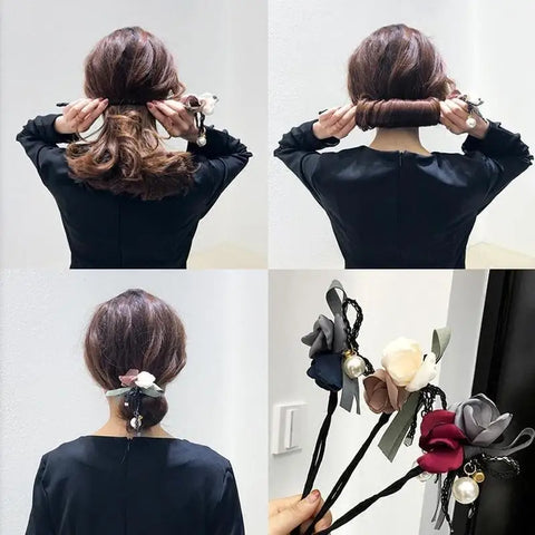 Women Elegant Flower Big Pearls Hair Curls Bun DIY Hair Style Donut Maker Ribbon Lady Fashion Hair Making Tool Accessories