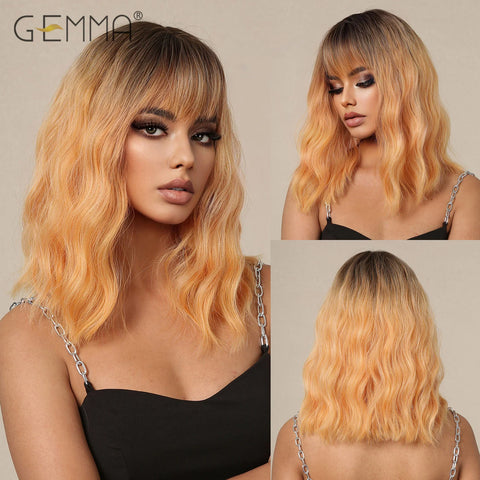 GEMMA Middle Length Red Brown Curly Wig with Bangs Synthetic Cosplay Wavy Natural Hair Wigs for Women Daily Heat Resistant Fibre