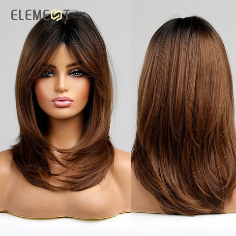 ELEMENT Synthetic Wig Medium Wavy Hair Brown Mixed Blonde Wigs for Women Daily Party Cool Heat Resistant Breathable Headband