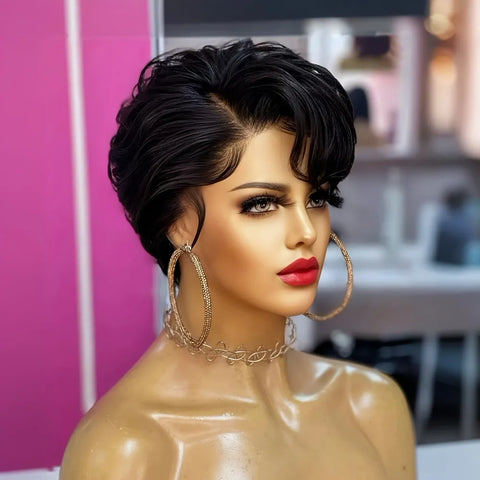 6inch 150% density 13x1 T part lace natural black color pixie cut human hair wigs for women short curly  daily party cosplay use