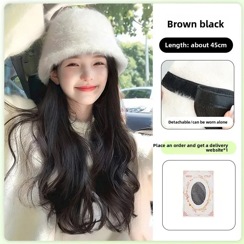 Women's Long Hair Wig Hat Integrated Natural Real Human Hair Fashion Autumn Winter Fisherman Cap Full Head Cover