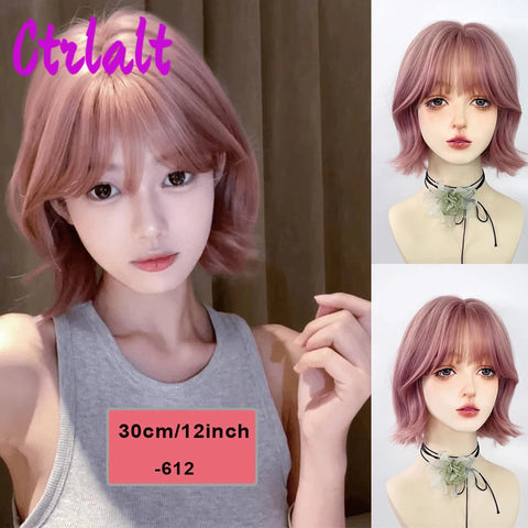 Shoulder Black Brown Layered Synthetic Natural Hair Wigs For Women Body Wave Daily Women's Wig with Curtain Bangs Heat Resistant
