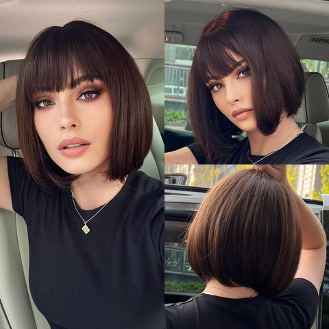 LOUIS FERRE Short Blonde Bob Synthetic Wigs With Dark Root Shoulder Length Blonde Straight Wig Mixed White Hair High Temperature
