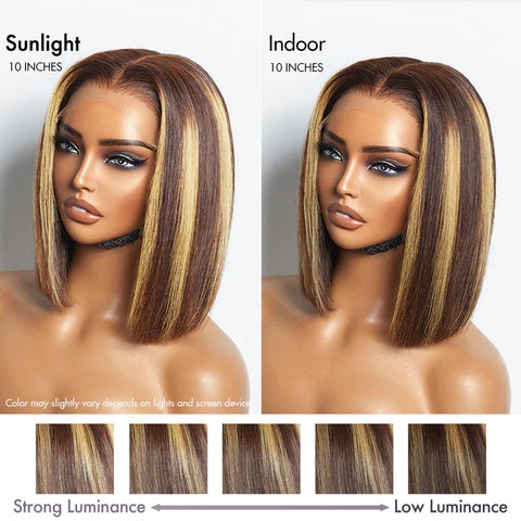 PartingMax Glueless Wig Honey Blonde Highlight Silky Blunt Cut 7x6 Closure HD Lace Bob Hair Wig