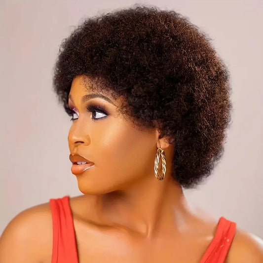 #4 Brown Afro Curly Bob Human Hair Wigs With Bangs For Women Remy Brazilian Kinky Curly Wigs No Lace Full Machine Made Wig