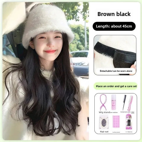 Women's Long Hair Wig Hat Integrated Natural Real Human Hair Fashion Autumn Winter Fisherman Cap Full Head Cover