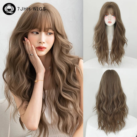 7JHH WIGS Honey Brown Wigs with Neat Bangs High Density Synthetic Loose Brown Hair Wig for Women Daily Use Beginner Friendly