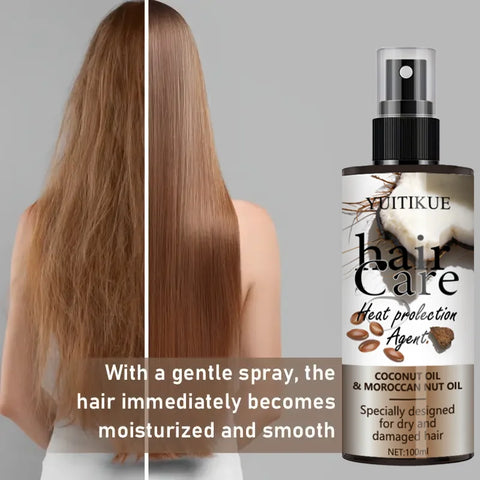 YUITIKUE Leave-In Heat Protectant Spray w/ Coconut & Moroccan Oil - Moisturize & Smooth Dry Damaged Hair, Easy Press Nozzle
