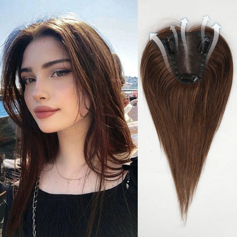 Hair Toppers Blonde Brown Ombre 100% Remy Human Hair Topper HairPieces for Women 150% Density Silk Base 3Clip in Toppers 12inch