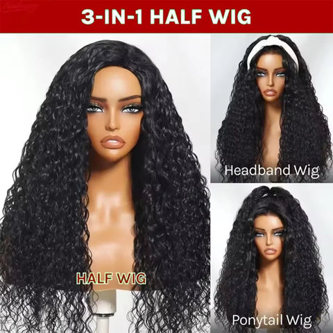 3 IN 1 Half Wig With Drawstring Seamless Human hair Wigs Curly Headband Wig Upgrade for Women Summer Machine Wigs Hair 32 Inch
