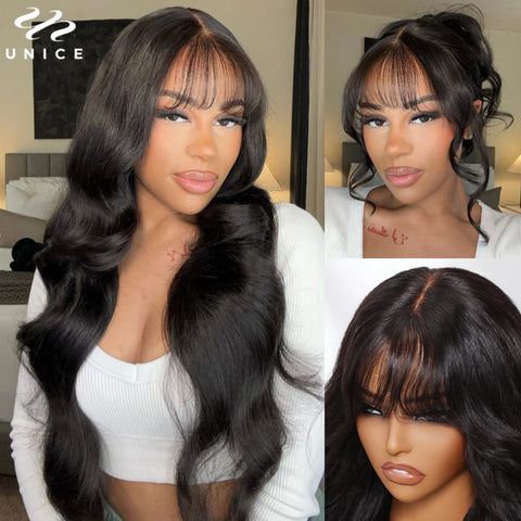 Unice Hair Pre Cut Pre Bleached 7x5 Loose Wave Wig With Bangs Wear Go Glueless Wig Pre Plucked Lace Front Human Hair Wig