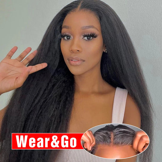 Yaki Kinky Straight Glueless Wigs Human Hair Ready To Wear Preplucked 4C Edges 13x6 HD Lace Frontal Wig Human Hair For Women 200
