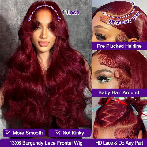 40 42 Inch 99J Burgundy Hd Lace Frontal Wig 13X6 200 Density Brazilian Body Wave Human Hair Wig Red Colored Hd Lace Front Wigs
