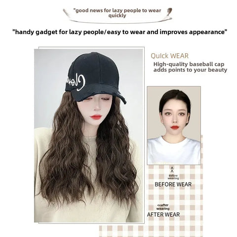Korean Style Hat Wig Integrated Romantic Casual Face Slimming Long Curling Natural Comfortable Hair for Women