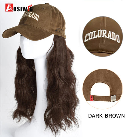 Long Wavy Synthetic Wig Baseball Rice White Cap With Hair Extensions Hat Wigs Natural Black Connect Wig Adjustable For Women