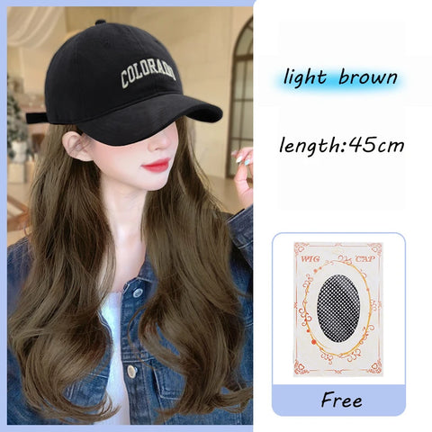 Long Wavy Synthetic Wig Baseball Rice Black Cap With Hair Extensions Hat Wigs Natural Black Connect Wig Adjustable For Women