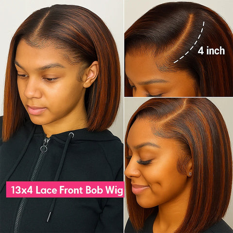 #4/350 Highlight Ginger Brown Short Bob Wig Human Hair Straight 13x4 HD Transparent Lace Frontal Wig Colored 5x5 Glueless Wig