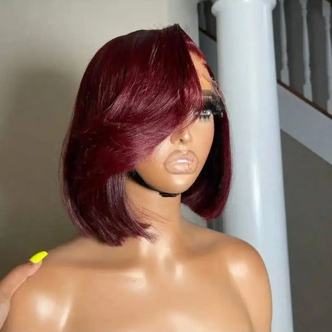Burgundy 8-34 Inch 200% Straight Bob Wig 13x4 Transparent Lace Frontal Wig Human Hair 99J Red Colored Pre Plucked With Baby Hair