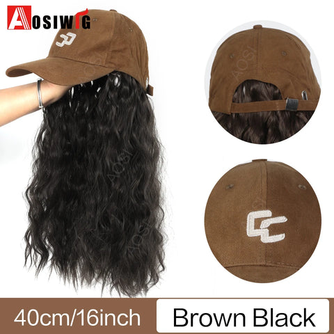 Long Wavy Synthetic Wig Baseball Rice White Cap With Hair Extensions Hat Wigs Natural Black Connect Wig Adjustable For Women