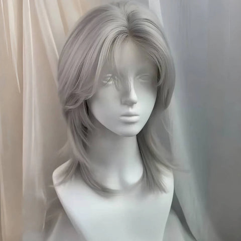 Lolita Synthetic Wig Forehead Lace Wolf Tail Short Curly Hair silver grey Layering Daily Fluffy Wig Full Head Unisex Daily Hallo