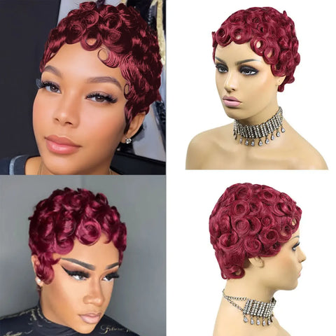 #1B Curly Pixie Cut Short Wigs For Women Natural Black Curly Wig Peruvian Remy Human Hair Bob Full Machine Made Wig 150% Density