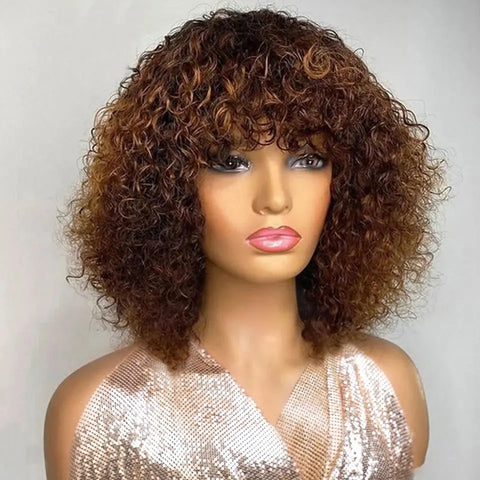Jerry Curly Short Pixie Bob Cut Human Hair Wigs With Bang Honey Blonde Ombre Color For Black Women Remy Hair Full Machine Made
