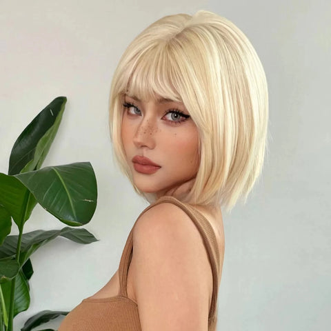 Short Straight Bob Light blonde synthetic wig Ladies straight bangs Hot silk wig Christmas party Cosplay daily wear wig