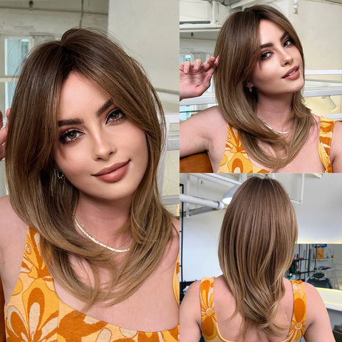 Short Straight Blonde Hair For Black Women Shoulder Length Layered Natural Hairline Synthetic Heat Resistant Wig