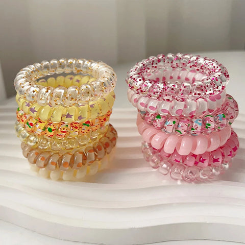 AWAYTR 6pcs Cute and Colorful Spiral Hair Ties Resin Jelly Coil Hair Rings for Women and Girls Ponytail Holders Hair Accessories