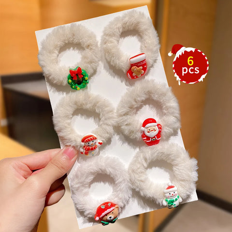 6Pcs Plush Hair Ties for Girls Christmas Theme Design including Santa Claus Snowman Fashionable Winter Hair Accessories Gift