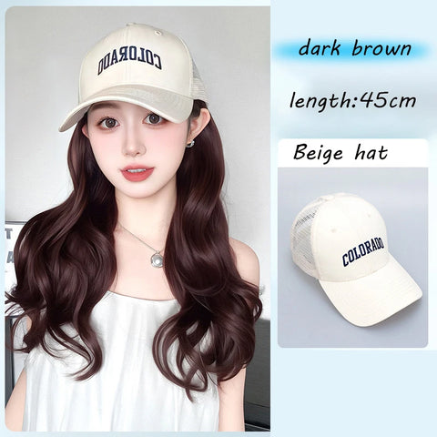 Long Wavy Synthetic Wig Baseball Rice Black Cap With Hair Extensions Hat Wigs Natural Black Connect Wig Adjustable For Women