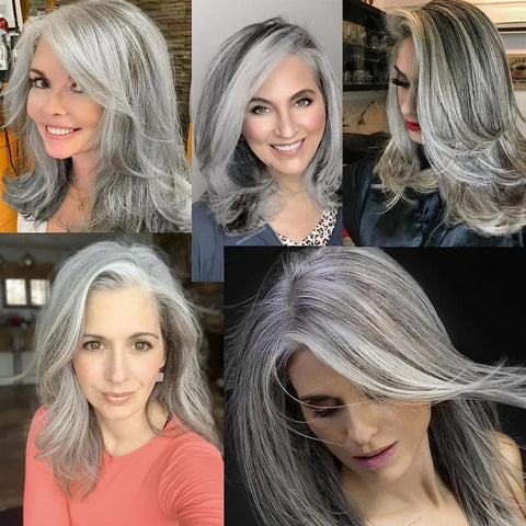 Synthetic Female Wigs Mix Grey Long Layered Wig Natural Silver Gray Wigs Women Salt and Pepper Hair Replacement Carnival Costume