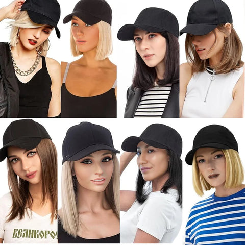 Baseball Cap with Synthetic Hair Extensions Straight Short Bob Hairstyle Adjustable Removable Wig Hat 10 inch for Woman Girl