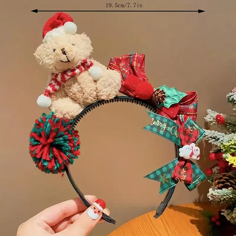 1 senior Christmas plush teddy bear headband with red and green plaid bow, Christmas hat and scarf, winter celebration