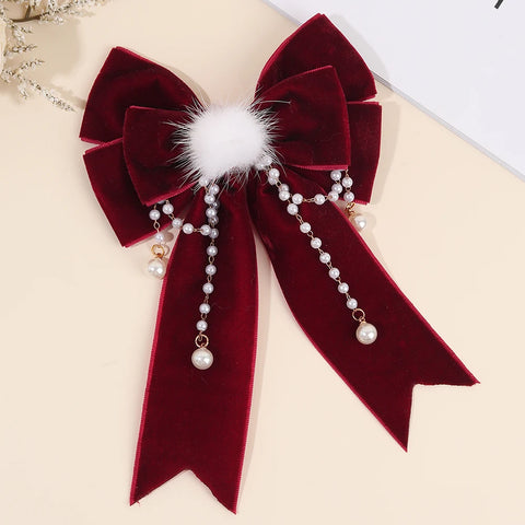 Elegant Red Bow Hair Accessories Sweet Faux Pearls Pendant Hair Clips Ponytail Barrette For Women Girls Fall＆Winter Hedwear