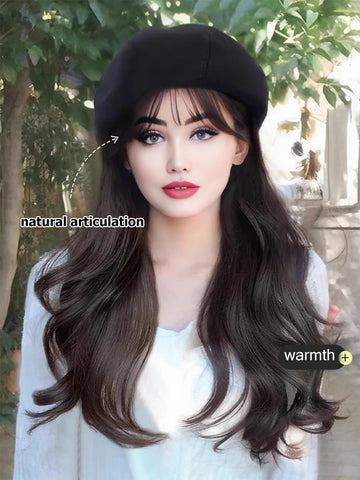 synthetic 16 inch black beret big wave long curly wig water wave baseball cap duck tongue hat fisherman hat Hat Wig Christmas