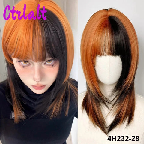 Shoulder Black Brown Layered Synthetic Natural Hair Wigs For Women Body Wave Daily Women's Wig with Curtain Bangs Heat Resistant
