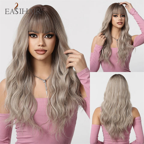 Ombre Platinum Blonde Synthetic Wig with Bangs Medium Length Layered Wigs for Women Natural Cosplay Party Hair Heat Resistant