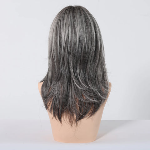 HENRY MARGU Grey Layered Synthetic Natural Wig Medium Length Straight Wig with Bangs for Women Daily Party Wigs Heat Resistant