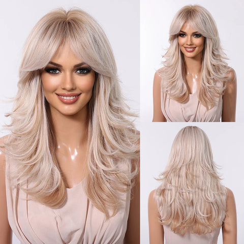 HENRY MARGU Grey Layered Synthetic Natural Wig Medium Length Straight Wig with Bangs for Women Daily Party Wigs Heat Resistant