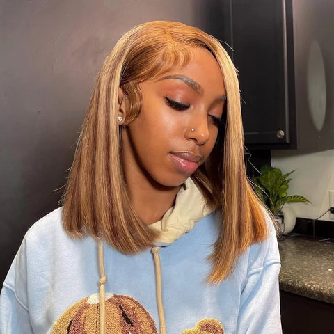 200% 16 Inch Highlight Short Bob Wigs 13X6 Straight Hd Lace Front Ombre Brown Frontal Glueless Bob Wig Human Hair Ready to Wear