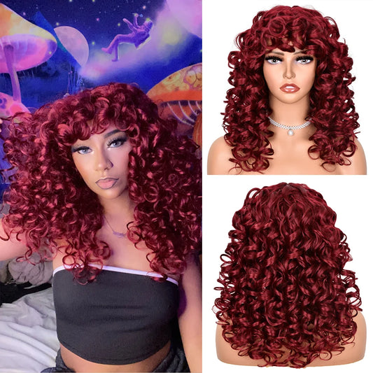 Red Ginger Wig for Women Long Curly Wave Wigs with Bangs Copper Synthetic Wig Natural Cosplay Party Heat Resistant Hair Hihoo